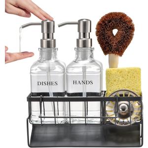 Dish Soap Dispenser with Sponge Holder - 16OZ Glass Bottle with Stainless Steel Pump, Metal Organizer with Adjustable Rails and Rag Holder, Effortless Drainage, Suitable for Kitchen Sink Countertop
