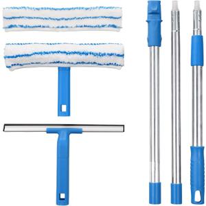Window Cleaner with Long Handle(57IN), Glass Cleaning Tools with Silicone Squeegee & Microfiber Scrubber, Window Cleaning Kit for Shower Glass Mirror Door Car