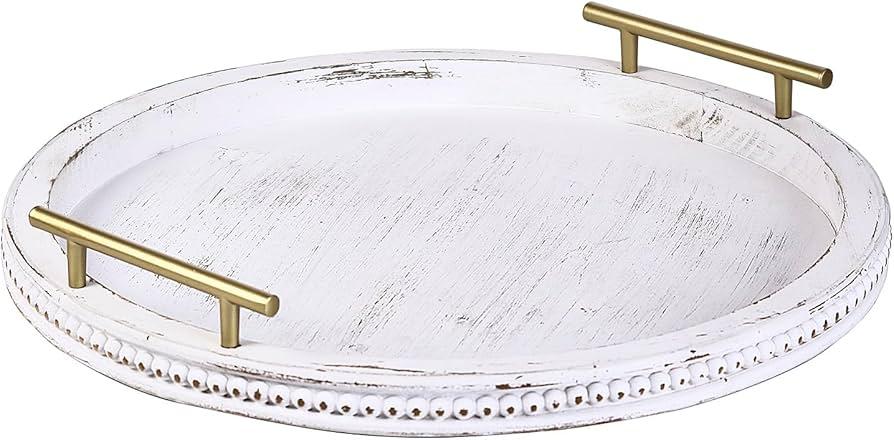 FESTWIND Decorative Tray for Coffee Table Decor Wooden Tray with Handles Round Trays for Home Decor Beaded Tray for Kitchen Counter Living Room Countertop Display