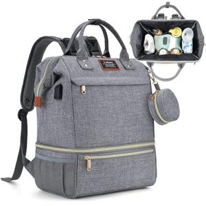 Breast Pump Backpack with Pacifier Case, Cooler & Moistureproof Diaper Bag Backpack Tote Bag with USB Charging Port & Headphone, Double Layer Stroller Straps Multipurpose Backpack for Working Mothers (Grey)