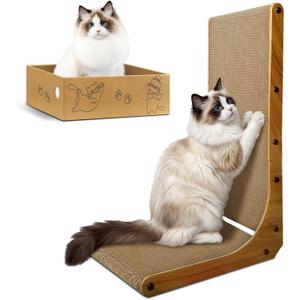 AGYM Cat Scratcher, 26 inch L Shape Cat Scratching Pad for Indoor Cats, Durable Sustainable Cardboard Scratcher with Box, Recyclable Vertical Cat Scratch Pad to Protect Furniture, Large