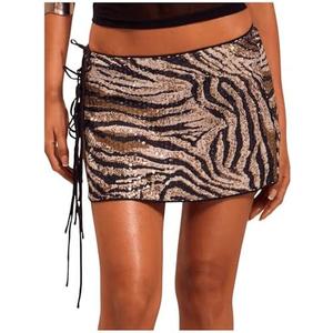SOLY HUX Women's Sequin Lace Up Tie Side Mini Skirt Zebra Striped Drop Waist Skirts L