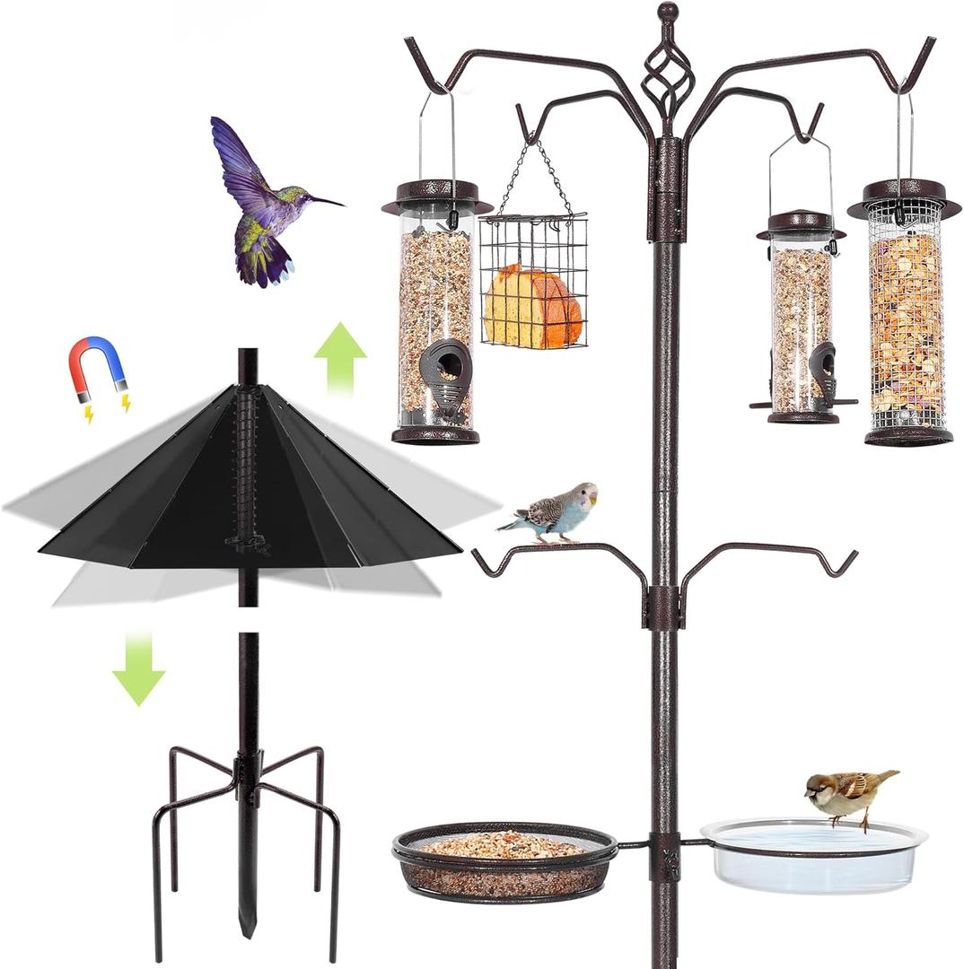 YINGYM 6-Hook Bird Feeding Station Kit, 94 Inch Heavy Duty Bird Feeder Stand Pole for Outdoors Hanging with 4 Feeders, Wide Metal Squirrel Baffle, Attracting Wild Birds
