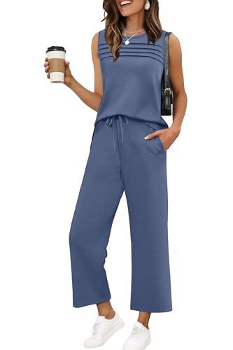 WIHOLL Two Piece Set for Women Dressy Casual Wide Leg Pants Summer Vacation Lounge Sets Travel Airport Fashion Outfits Trending Matching Sweat Set Blue Large