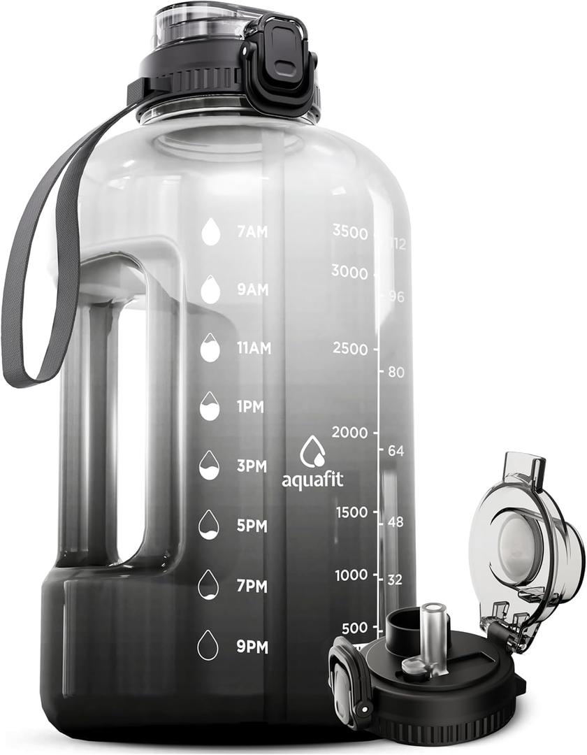 AQUAFIT 1 Gallon Water Bottle with Time Marker - Straw & Chug Lid - BPA Free Gym Water Bottle with Straw - Big Gallon Jug (Midnight Black, 128 oz - 2in1 Lid)