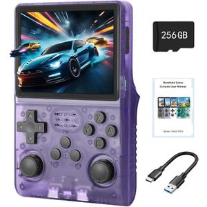 R40S Pro+ Handheld Game Console, 30000 in 1 Games Mini Retro Video Console, 3.5-Inch IPS Screen,256GB TF Memory Memory,Built in 45+ Emulators,3800mAh Battery (Transparent Purple 256G)