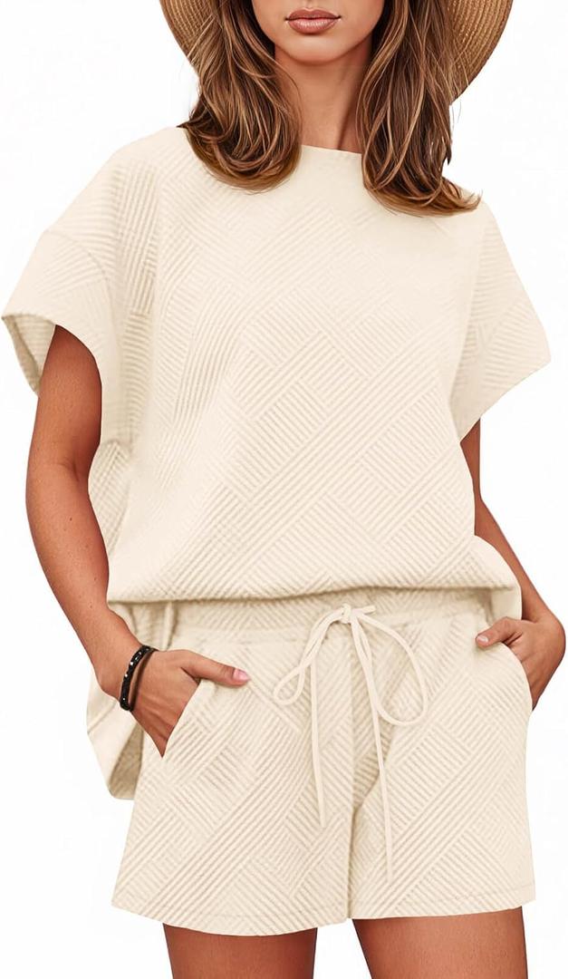 Tankaneo Womens 2 Piece Short Sets Outfits Summer Matching Lounge Set Casual Short Sleeve Tops and Shorts Pajama Set (Beige, L)