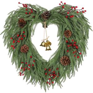 24" Christmas Wreath for Front Door with Bells, Berries & Pinecones, Large Artificial Norfolk Pine Wreath, Heart-Shaped Green Xmas Wreaths for Wall Window Porch Indoor & Outdoor Winter Christmas Decor