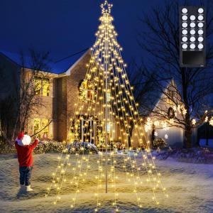 Lomotech Christmas Tree Lights - 10Ft 404 LED with 7.08" Topper, Remote Controll Waterproof Iron Pole Waterfall Lights for Outdoor Christmas Decorations (Warm White)