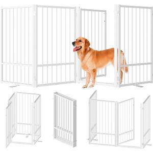 SNUOWU Full Metal Freestanding Dog Gate with Door, 36''Height Foldable Pet Dog Fence for Indoor & Outdoor, 4 Panels Extra Wide Free Standing TallDog Gates for Doorways,House,Stairs,Porch,Deck,Yard