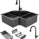 Corner Kitchen Sink with Pull Down Faucet, 304 Undermount Stainless Steel Butterfly Design, 25 Inch Drop In Large Modern Single Bowl Black Corner Sink, Includes Extendable Faucet, Draining Rack & Tray