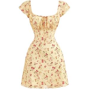 SOLY HUX Women's Vintage Floral Dress Summer Cap Sleeve Mini Dresses Going Out Beach Short Dress, Large, Yellow Floral