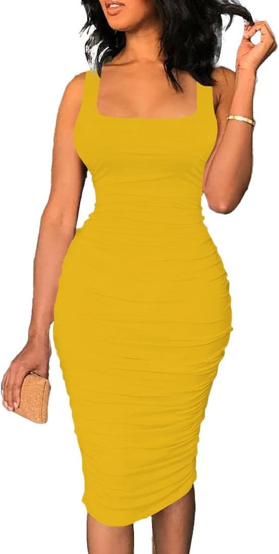 Nimsruc Women's Sexy Casual Tank Top Bodycon Dress Ruched Pencil Sleeveless Basic Midi Club Dresses (Yellow, XL)