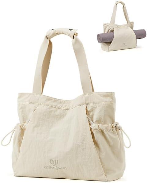 Gym Tote Bag for Women, Lightweight Yoga Mat Bag with Wet Dry Storage Pocket & Multi Pockets (16 Inch, Cream White)