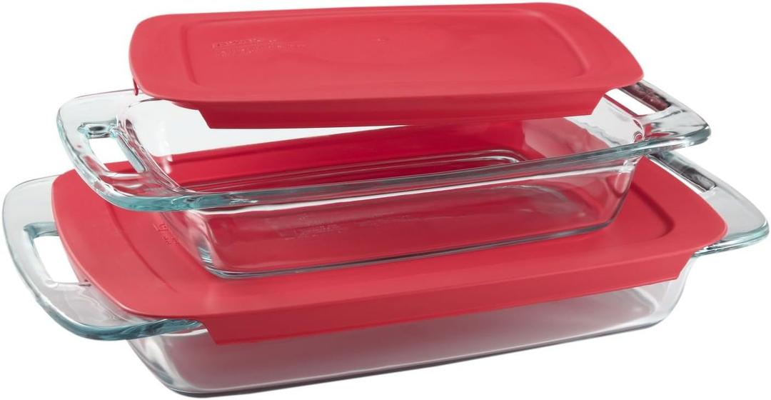 Pyrex Easy Grab 4-Piece Value Pack, includes 1-ea 3-qt Oblong, 2-qtOblong, Red Plastic Cover