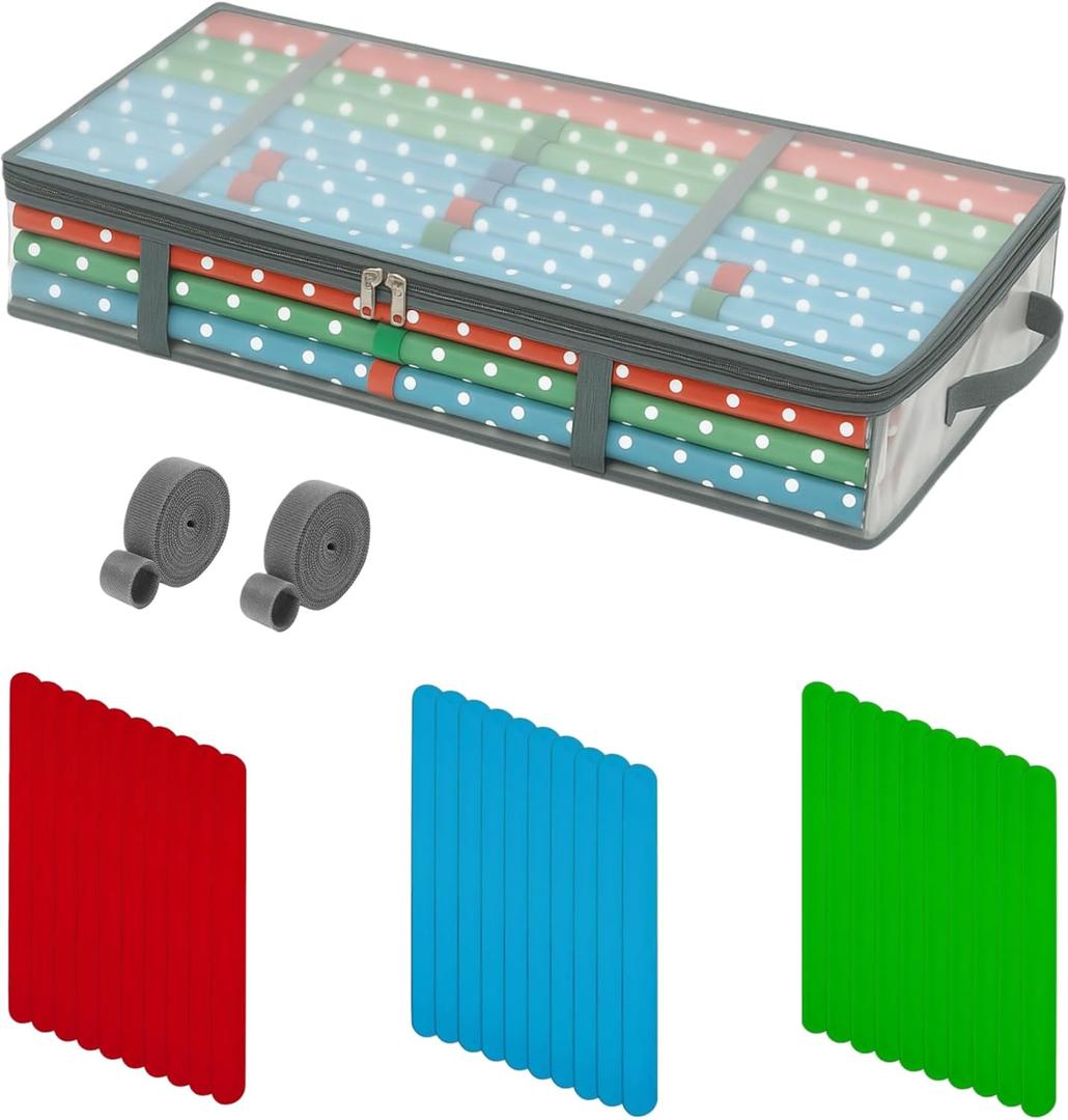 GONGKANGYUAN Christmas Wrapping Paper Storage Bag  Clear 31.517.35.5 in Organizer Fits 30 Rolls, Includes 30 Color Wrapping Paper Roll Holder + 2 Compression Straps, Under Bed Poster Holder