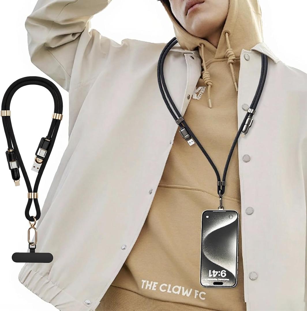 4-in-1 Phone Charging Lanyard, 1.5m/4.9ft Adjustable Crossbody Strap, 240W PD Fast Charge & Data Sync Cable