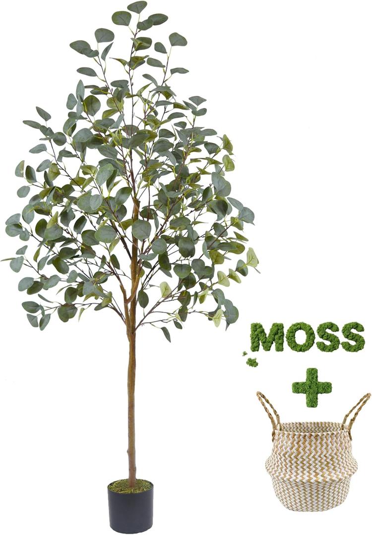Warmplants Artificial Eucalyptus Tree, 5ft Tall Mordern Fake Eucalyptus Plant with Basket, Green Silk Leaves Perfect Faux Trees for Home Office Livingroom Floor Decor Indoor Outdoor