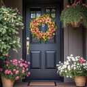 24 Inch Pink Orange Colorful Wildflowers Wreath, Artificial Poppy Wreath with Greenery Leaves, Spring Summer Decor Wreath for Front Door, Indoor Outdoor Wall, Window, & Farmhouse Home Decor
