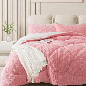 ELNIDO QUEEN Fluffy Comforter Set King, Pink Winter Fleece Comforter Ultra Soft & Extra Pluffy Plush Comforter Set, Cozy Fuzzy Bed Comforter 3 Pieces (1Comforter, 2 Pillowcases),102x90 inch