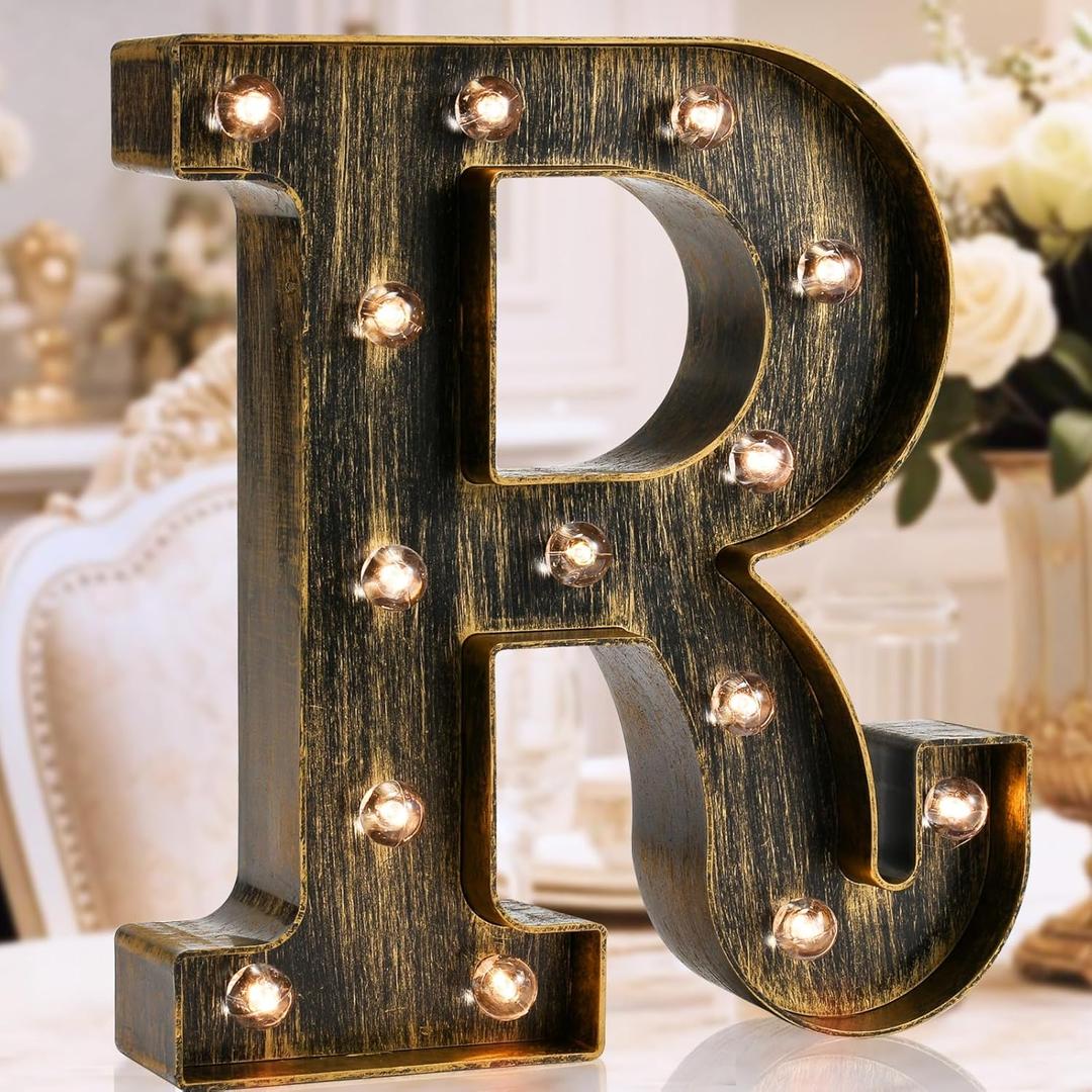 OYCBUZO Golden Black Led Marquee Letter - Industrial, Vintage Style Light Up Alphabet Letter Sign for Cafe Wedding Birthday Party Christmas Lamp Home Bar Initials Decor - R
