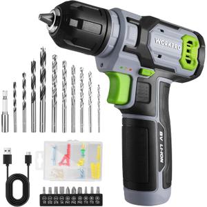 WORKPRO 8V Cordless Drill Driver Kit with 53pcs Bit Set, 2.0Ah Electric Drill with 3/8" Keyless Chuck and Variable Speed Trigger, Portable for Home Improvement, DIY (Grey)