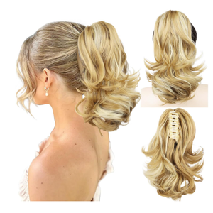Ponytail Extension, 12 Inch Pony Tails Hair Extensions, Hold Securely, Tangle-Free,Curly Wavy Natural Looking Synthetic Claw Clip Ponytail Extension for Daily Use,  Dark Blonde with Light Blonde Highlights