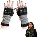 Cvuabsy Fingerless Cat Gloves, Women's Knitted Fingerless Gloves with Cat Embroidery,Gifts for Cat Lovers for Women Thick Warm Winter Gloves with Cat Face Designs 