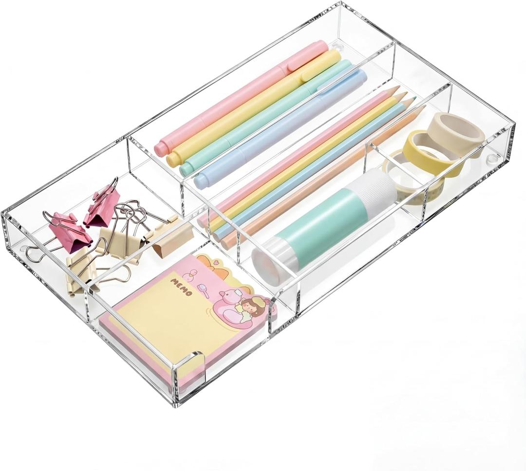Briwooody Clear Acrylic Desk Drawer Organizer 11 x 6.1 x 1.38 Inch Storage Tray Organizer for Pens, Stationery, Desktop, Office, Bathroom, Kitchen, Makeup Supplies (6 Compartments) (Transparent)