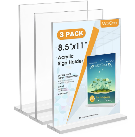 MaxGear 3 Pack Acrylic Sign Holder 8.5 X 11, Plastic Paper Holder With Vertical Slanted Back, Picture Photo Frames Display Stand Flyer and Document Organizer for Office Desktop Use