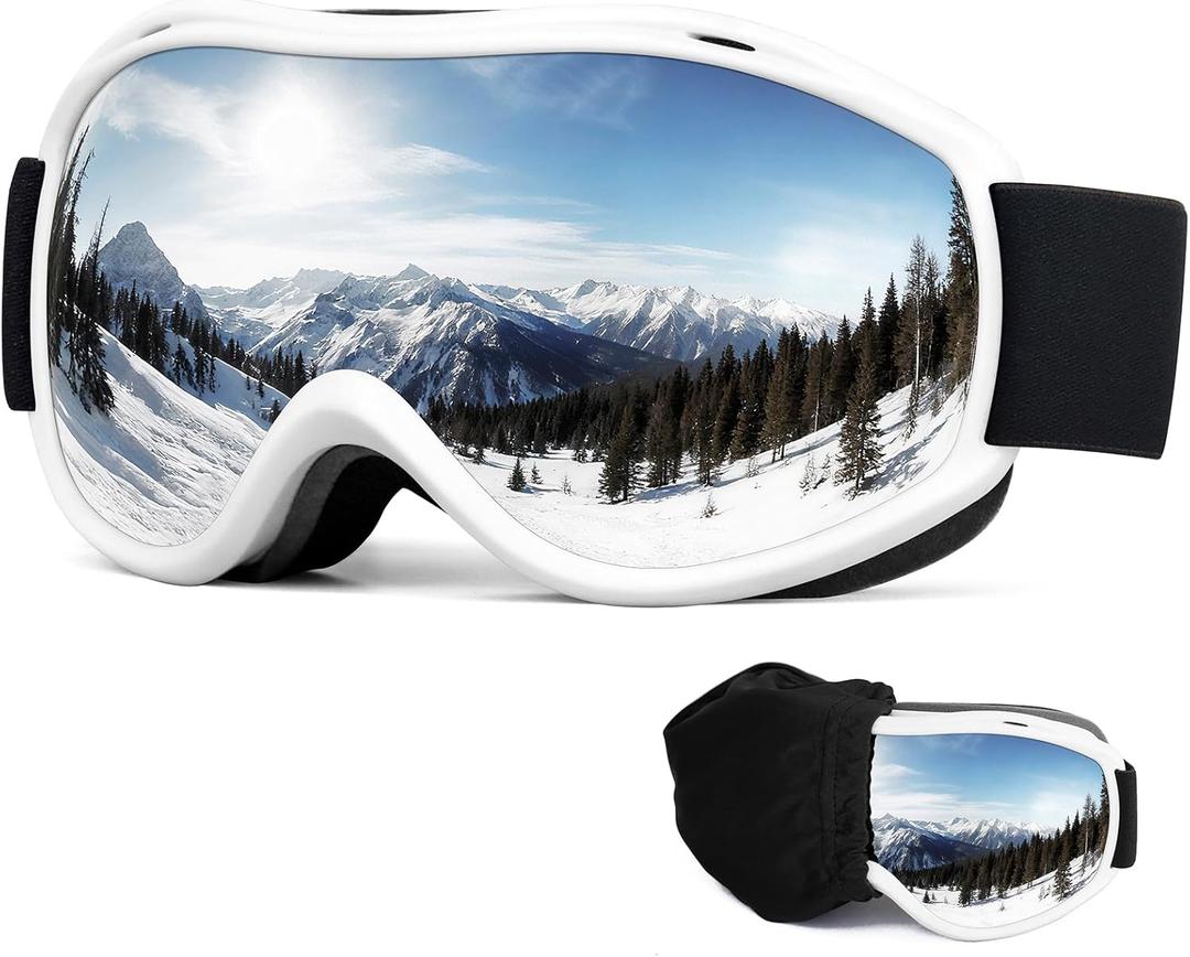 FMY Ski Snowboard OTG Goggles,Anti Fog UV400 Protection Skiing Snowmobile Goggles for Men Women Youth (White Frame & Silver)