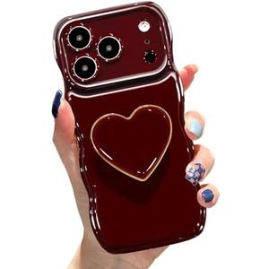 Cute Case for iPhone 17 Pro Max 6.9'', Wine Red Soft TPU Shape Shockproof Protective Cover with Stand, Luxury Bumper Wave Frame Curly Shape Love Heart Holder Kickstand Phone Case for Girls Women