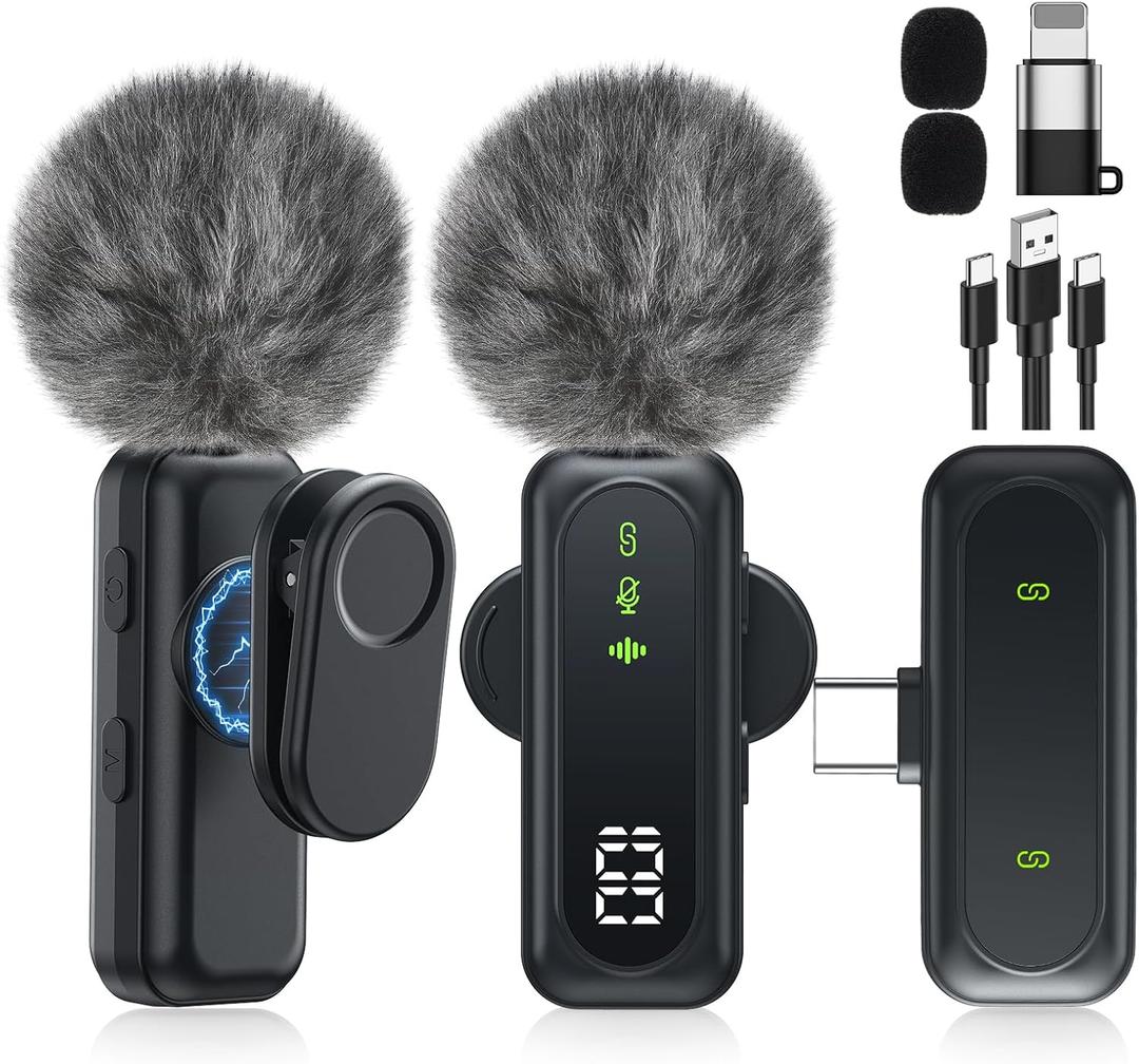 Wireless Mini Microphone for iPhone  Magnetic Clip Mini Mic with 100% Battery Display, Noise Reduction, Plug & Play, Compatible with iOS/Android  for Video Recording YouTube Tiktok