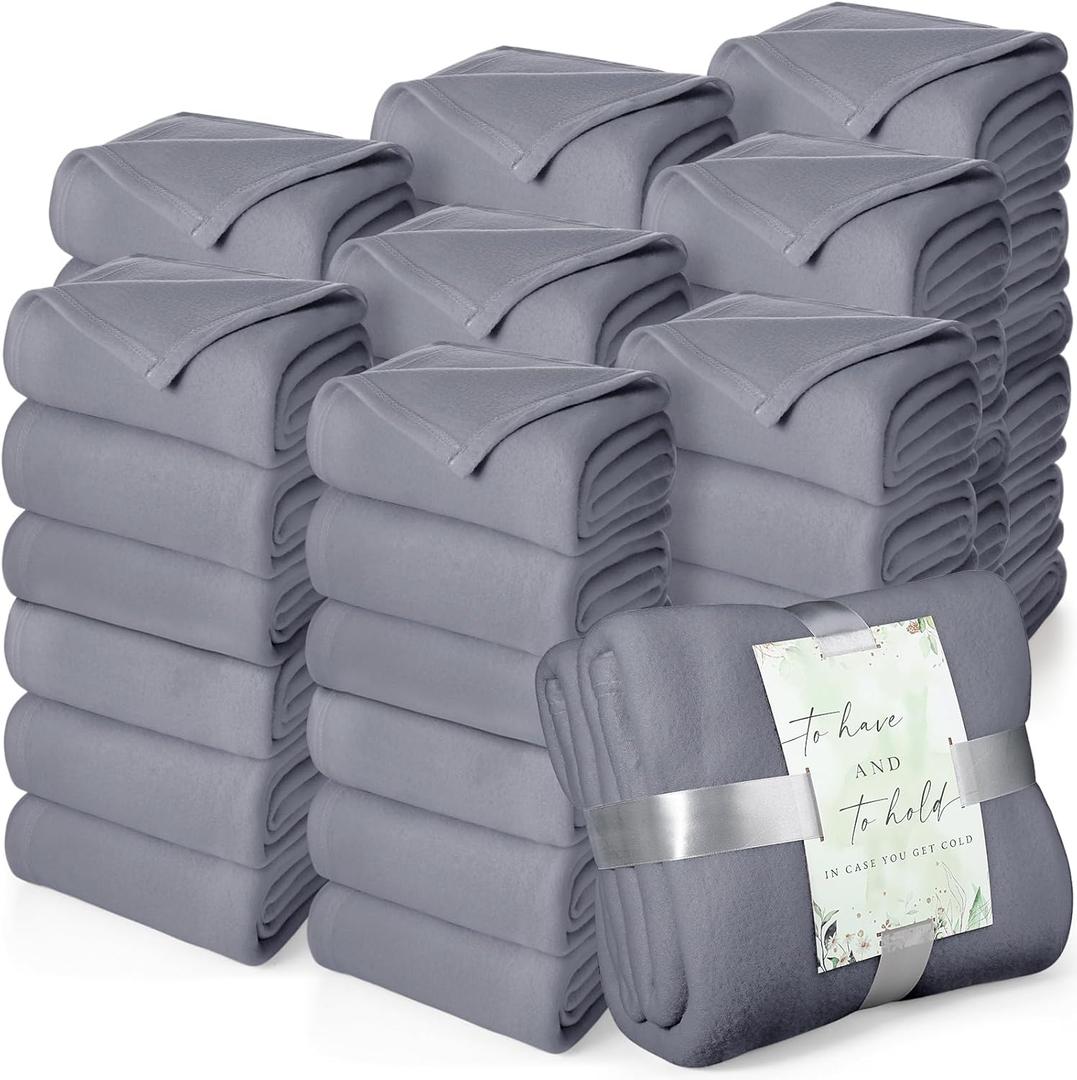 Buryeah 48 Pack Oeko-tex Certified Wedding Flannel Throw Blanket Bulk 50 x 60 Inch Soft Fleece Lap Blanket with Thank You Cards Ribbon for Guests Sleepover Spa Slumber Favors Gifts (Light Gray)
