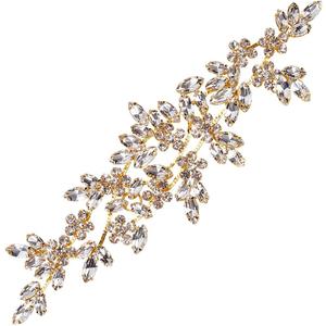 FINGERINSPIRE Rhinestone Applique Golden Sewing Applique 8.67x2.56x0.2inch Crystal Color Wedding Craft Rhinestone Applique Flower Leaves Rhinestone Applique for Wedding Dress Bridal Belt Decor