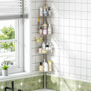 Urackify Corner Shower Caddy Tension Pole, 4 Tier Adjustable Bathroom Organizer Shelves, Shower Storage With Hidden Hook & Towel Holder,63.7-119 Inch No-Drill Quick Installation Shower Rack,Sliver