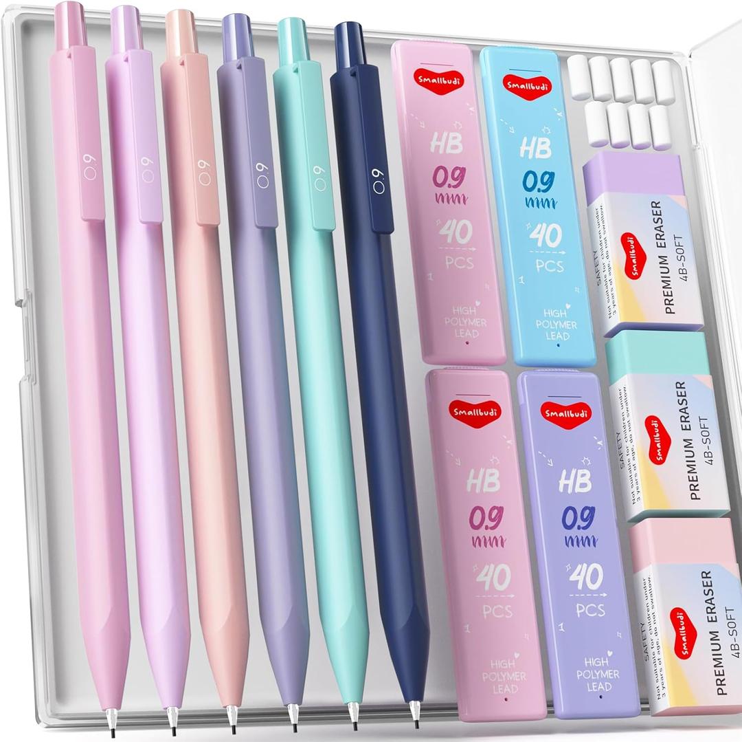 Smallbudi 6PCS 0.9mm Mechanical Pencils Set with Case, Cute Pastel Mechanical Pencil with 160PCS HB Lead Refills, 3 Erasers, Aesthetic Back to School Supplies for Student Writing Drawing Sketching