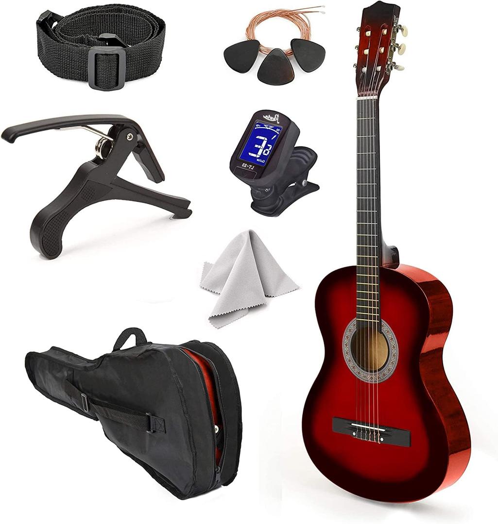 30" Left Handed Wood Guitar with Case and Accessories for Kids/Girls/Boys/Teens/Beginners (Red Gradient)