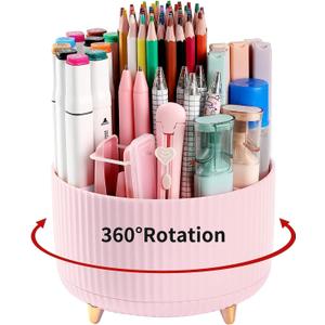 2 x Pencil Pen Holder for Desktop, 360 Degree Rotating Pencil Holder for Desk Organizer, 5 Slots Rotating Desk Pen Organizer for Office School Home, Pink