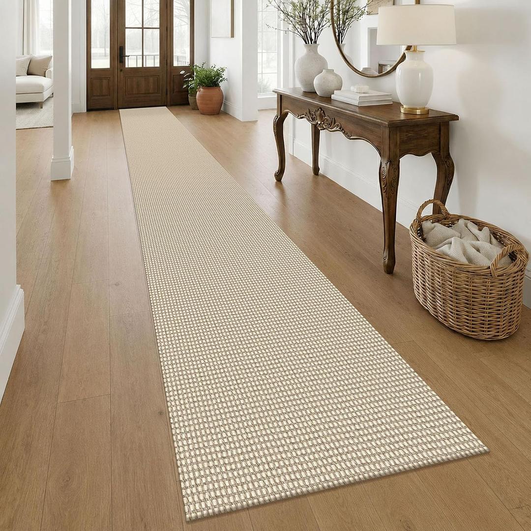 KOZYFLY Braided 2.5'x20' Runners Rugs for Hallway, Extra Long Washable Runner Rug, Woven Non Slip Kitchen Runner, Cotton Entryway Rug, Floor Carpet for Entry, Aisle, Hall, Ivory Beige