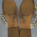 OYOANGLE Women's Studded Strappy Leather Slide Sandals Square Open Toe Slip on Flat Sandal (8, Beige)