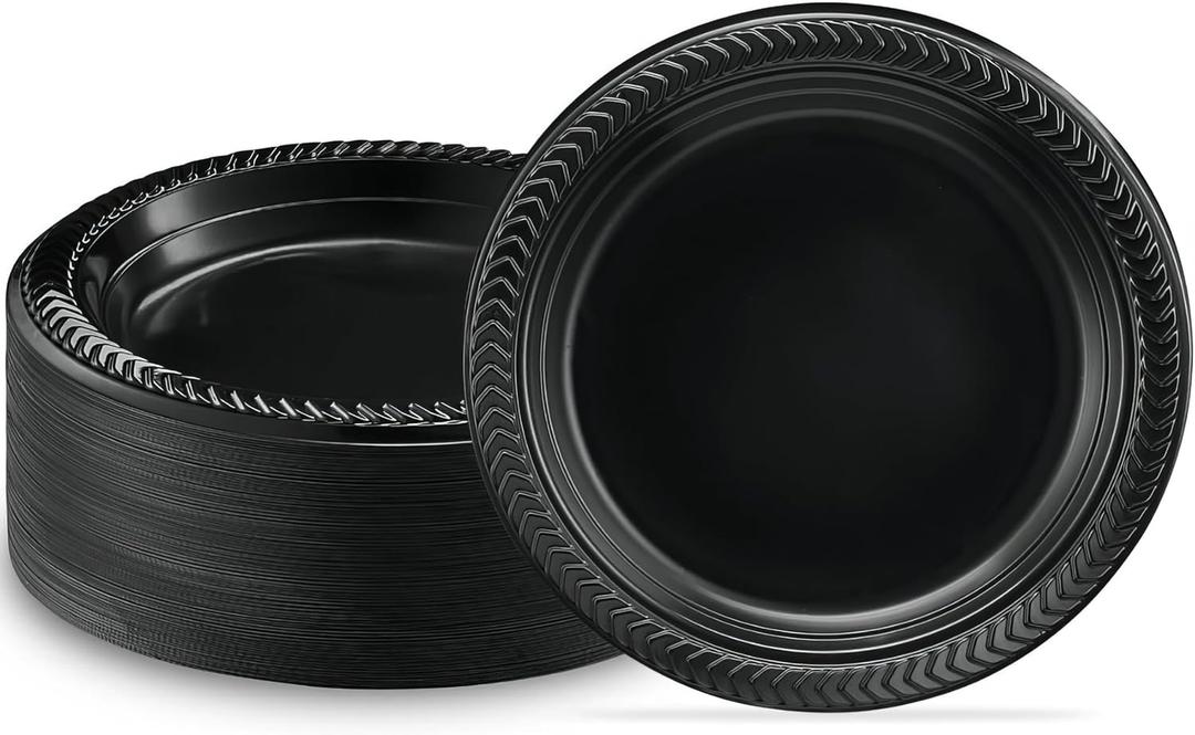 Bluesky Cuisine Round Black Disposable Plates - 6" (Pack of 100) Durable & Microwave Safe Black Dessert Plates, Perfect Disposable Plastic Plates for Parties, Celebrations and Every Day