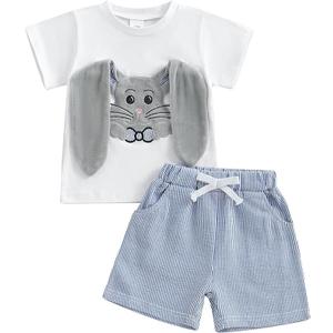Nibbcoa Baby Boy Easter Outfit Short Sleeve Long Ear Rabbit T Shirt Casual Striped Shorts Set Kids Summer Clothing (White, 3-6 Months)