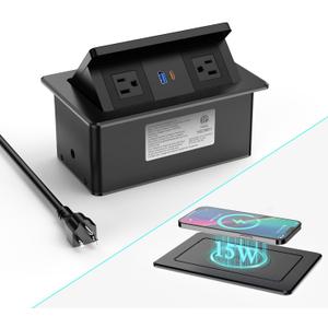 Pop Up Outlet for Countertop with 20W USB C, Pop up Power Outlet with 15W Wireless Charging, 2 AC Outlets and 18W USB A Ports, Recessed Power Strip with 6FT Cords for Office, Conference, Bedroom,Black
