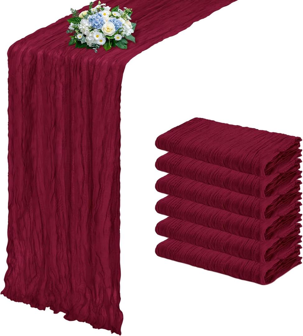 6 Pack Burgundy Cheesecloth Table Runner 17x108 Inch Semi Sheer Boho Gauze Cheese Cloth Fabric Table Runners, for Wedding Party Baby Shower Birthday Home Decor Garden Farmhouse