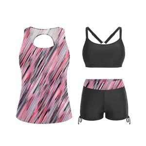 Yonique 3 Piece Womens Tankini Swimsuits with Shorts Athletic Bathing Suits Tank Tops with Bra and Boyshorts Pink Striped Medium