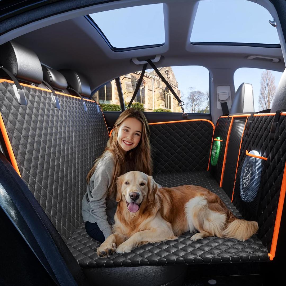 Back Seat Extender for Dogs - Large Space, Waterproof Dog Car Seat Cover for Back Seat with Hard Bottom Holds 420lbs, 600D Heavy-Duty Upgraded Material Dog Hammock for Car, Easy to Use and Clean (Orange)