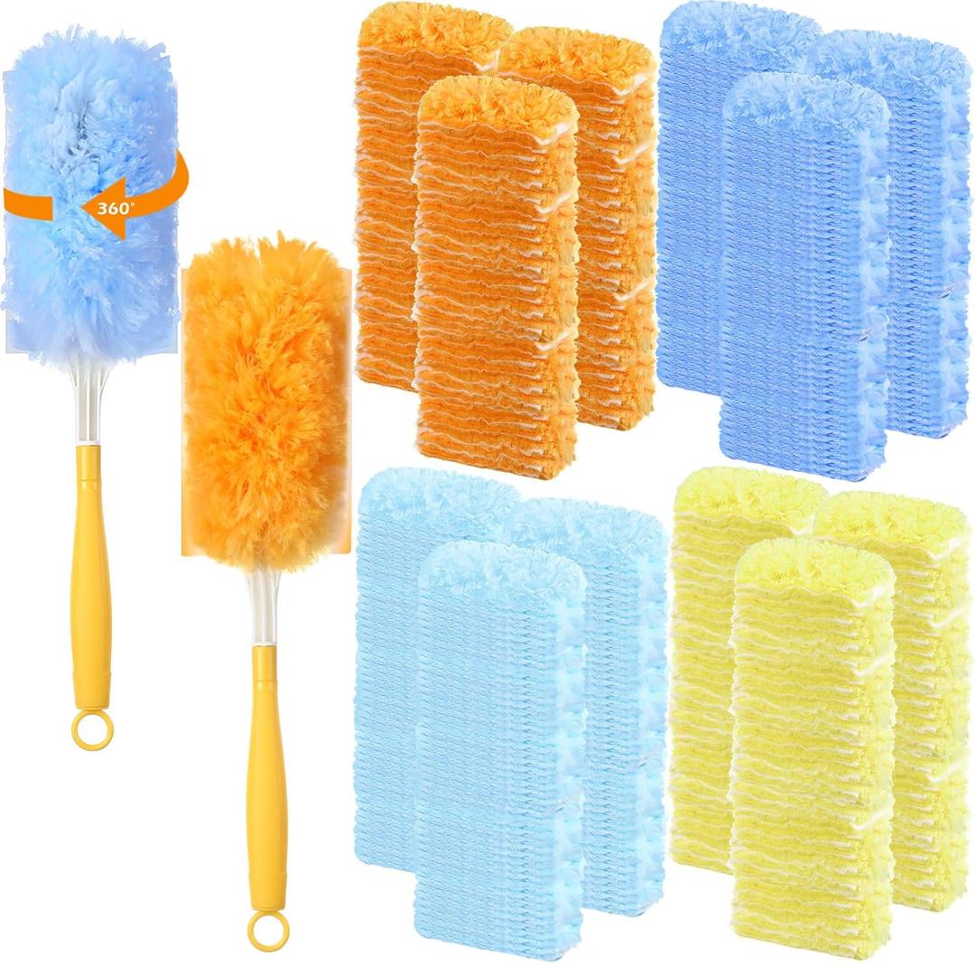 Honeydak 120 Pack Heavy Duty Duster Refills with 2 Handle, Compatible with Swiffer, Multisurface 360 Larger Size Dusters with 4X Microfibers, Unscented Disposable Dusting Furniture for Cleaning