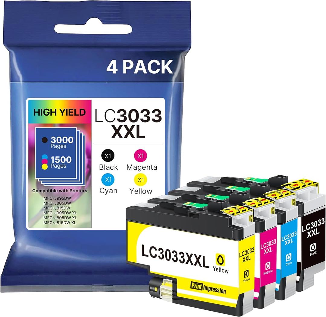 LC3033XXL Ink 4-Pack Replacement for Brother LC3033 Ink Cartridges BK/C/M/Y LC3033XXL LC3035 XXL High Yield for Brother MFC-J995DW MFC-J805DW MFC-J815DW MFC-J995DWXL MFC-J805DWXL MFC-J815DWXL Printer