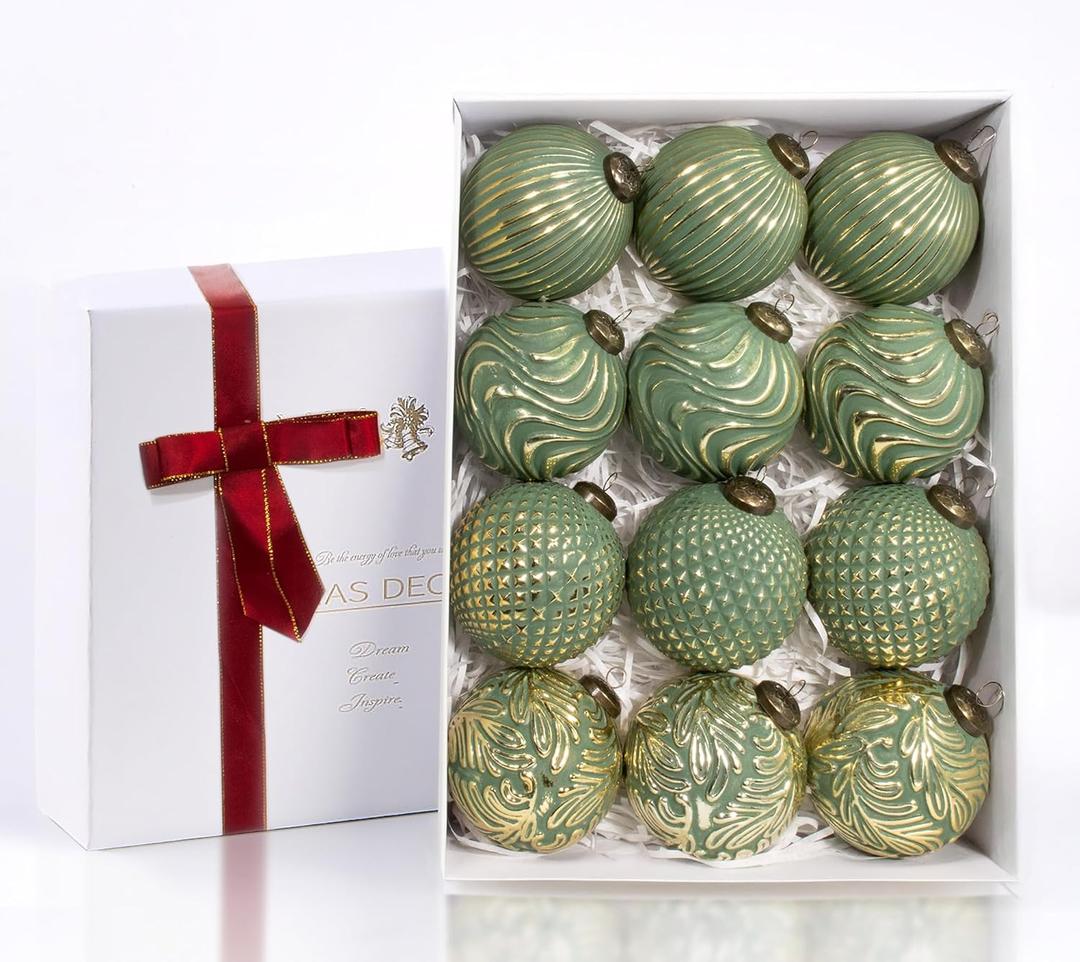 12PCS Rustic Green Christmas Ball Ornaments, 3.15" Vintage Farmhouse Hanging Ornaments for Christmas Trees, Parties, Weddings and Home Decor